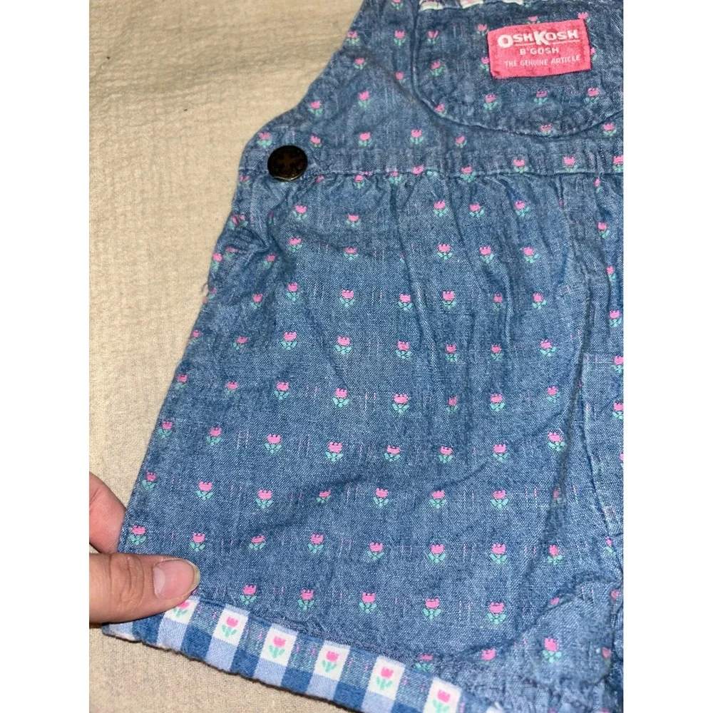 Vintage 80s OshKosh Bgosh Girls 2T Blue Floral Denim Shortalls Gingham‎ Toddler
